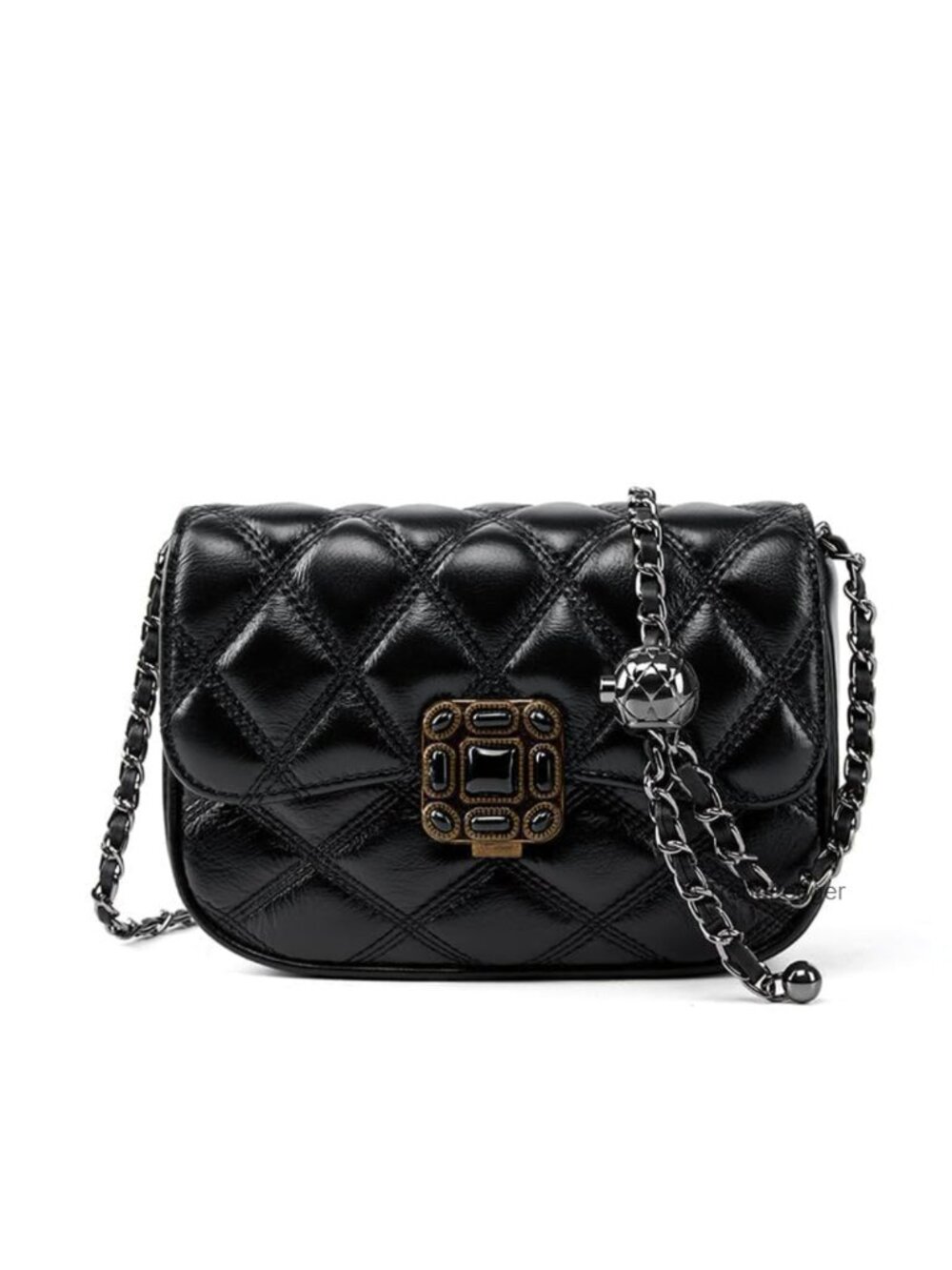Genuine Leather Quilted Crossbody Bag Chain Strap Small Purse